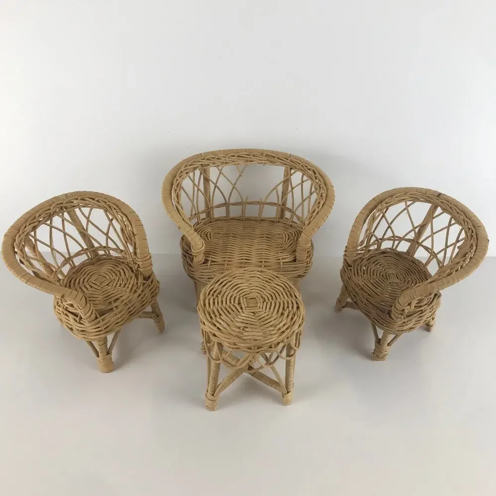 Vintage Fashion Doll Wicker Rattan Toy Furniture Set Loveseat Chair Table Mini